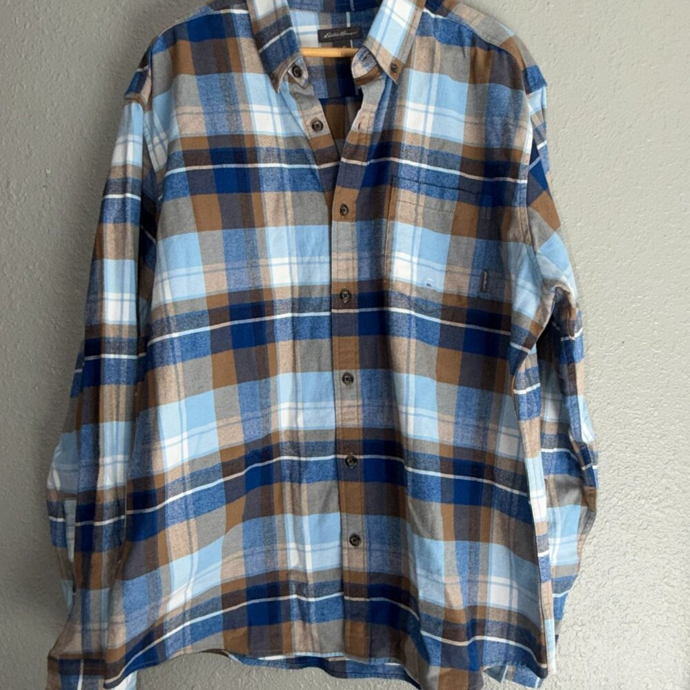 Eddie Bauer Blue Tan Plaid Button Down Flannel Shirt Men’s XL